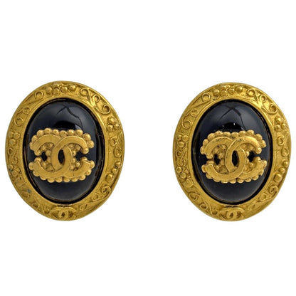 Chanel CC Logo Earrings Oval Gold Plated Black