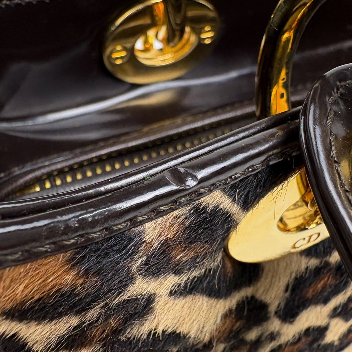 Dior Lady 2-Way Leopard Print Handbag Calf Hair Brown — view 6