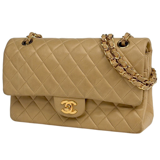 Chanel Quilted Double Flap Chain Shoulder Bag CC Logo Leather Beige