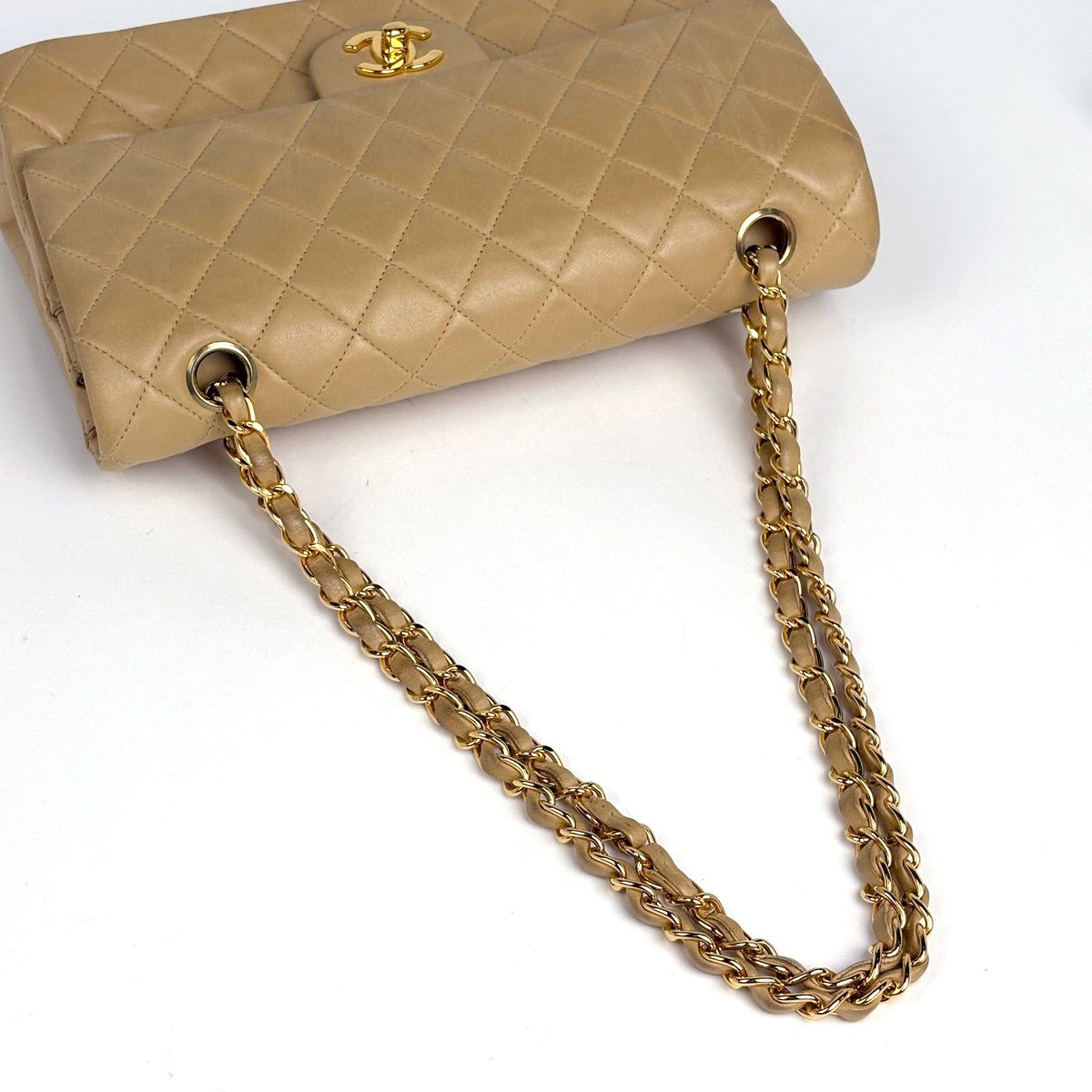 Chanel Quilted Double Flap Chain Shoulder Bag CC Logo Leather Beige — view 9