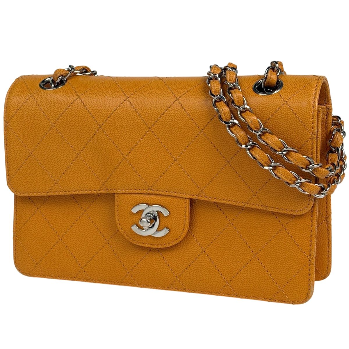 Chanel CC Logo Chain Shoulder Bag Quilted Caviar Leather Orange
