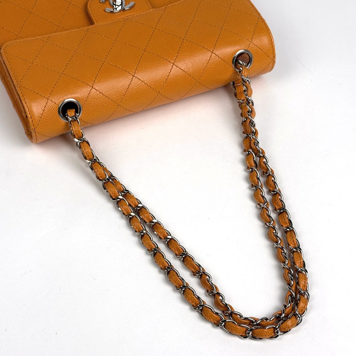 Chanel CC Logo Chain Shoulder Bag Quilted Caviar Leather Orange — view 8