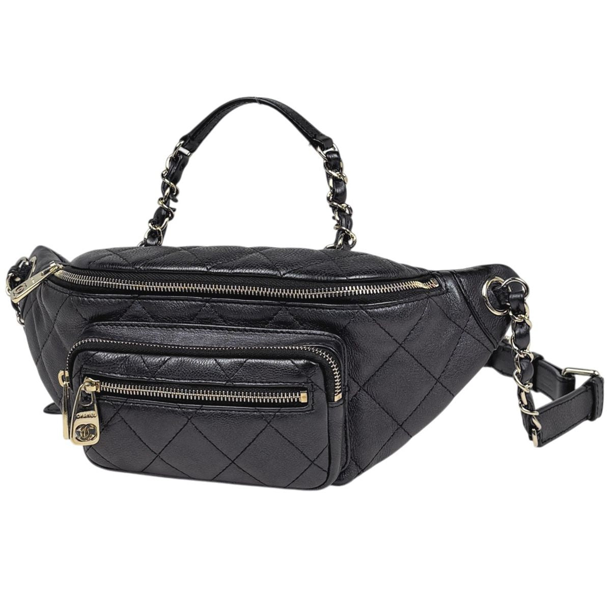 Chanel CC Logo Belt Bag Quilted Caviar Leather Black