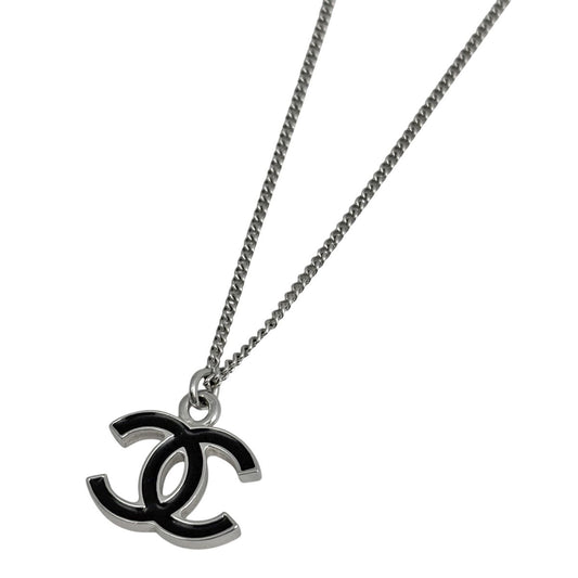 Chanel CC Logo Necklace Silver Plated Black