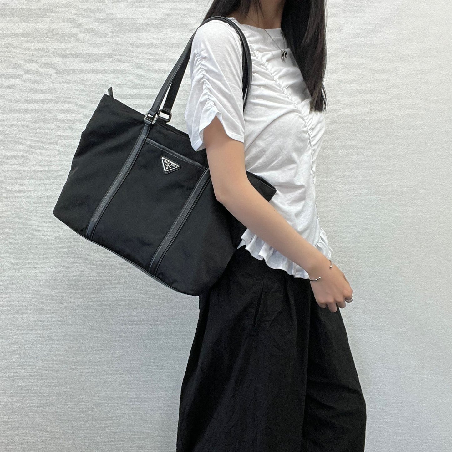 Prada Tote Nylon Leather Black Vintage