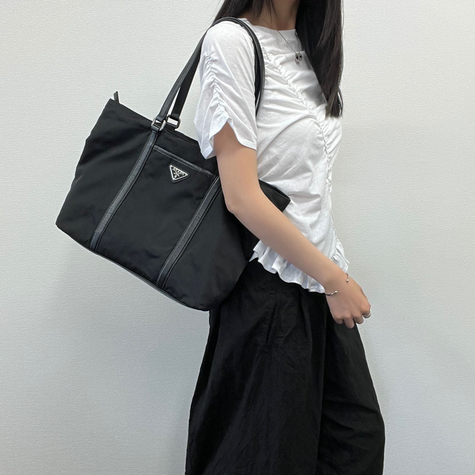 Prada Tote Nylon Leather Black Vintage