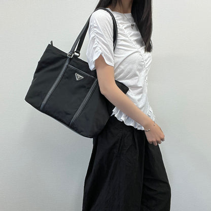 Prada Tote Nylon Leather Black Vintage