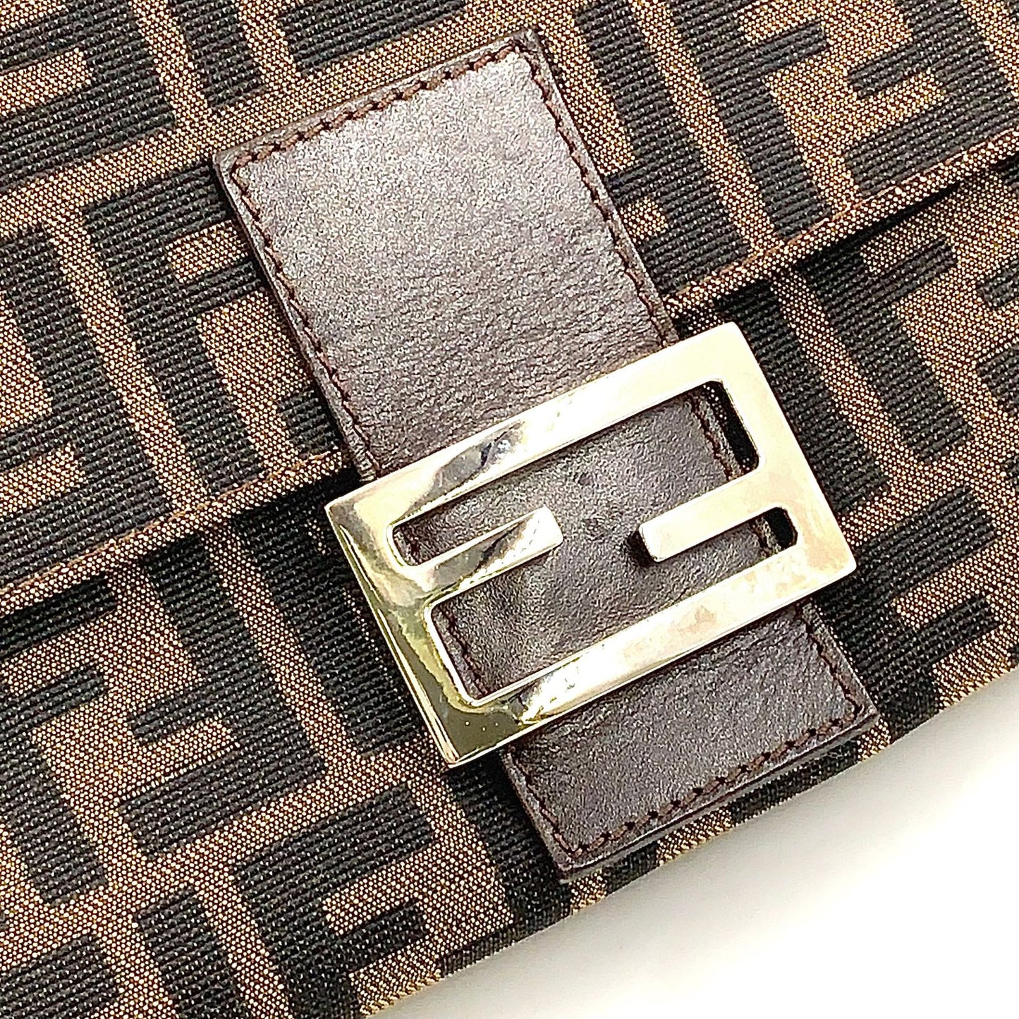 Fendi Mamma Bucket Leather Canvas Dark Brown Beige Shoulder Bag Silver — view 5