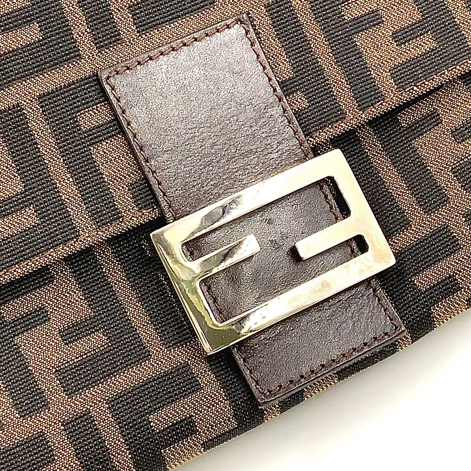 Fendi Mamma Bucket Leather Canvas Dark Brown Beige Shoulder Bag Silver — view 5