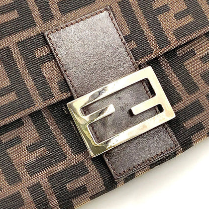 Fendi Mamma Bucket Leather Canvas Dark Brown Beige Shoulder Bag Silver — view 5