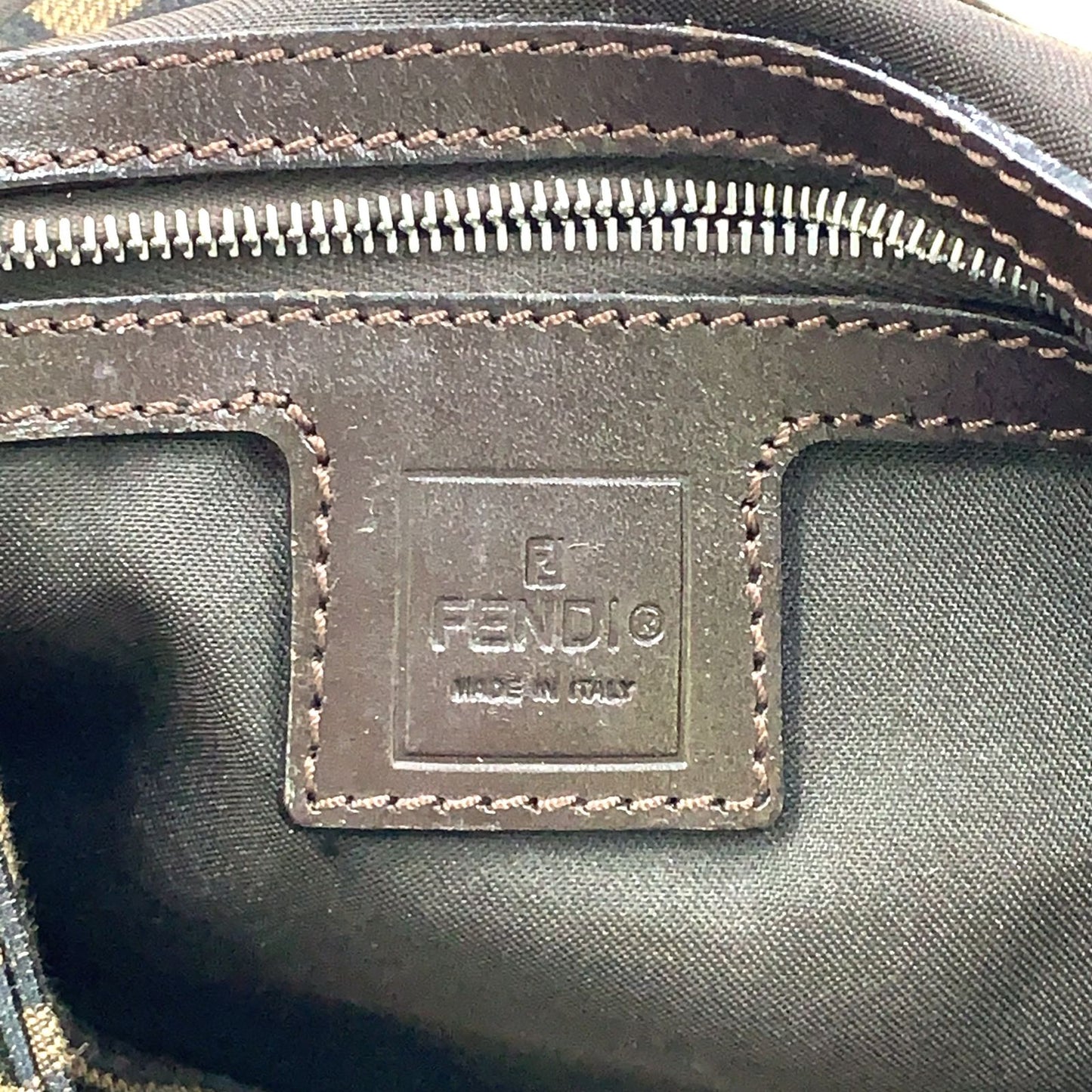 Fendi Mamma Bucket Leather Canvas Dark Brown Beige Shoulder Bag Silver — view 4