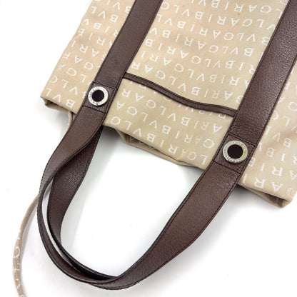 Bvlgari Logo Mania Leather Canvas Brown Beige Tote Silver — view 5