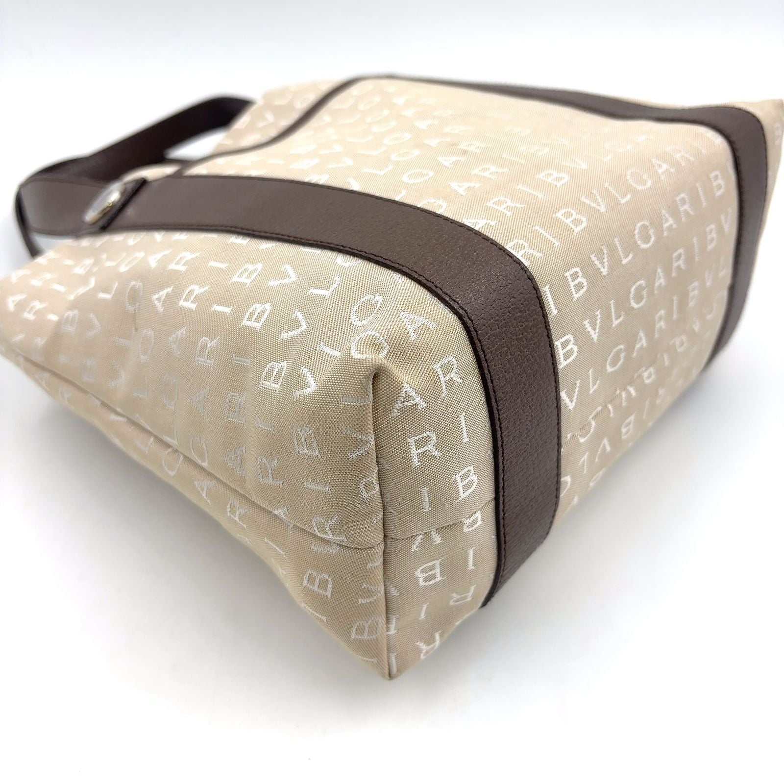 Bvlgari Logo Mania Leather Canvas Brown Beige Tote Silver — view 8