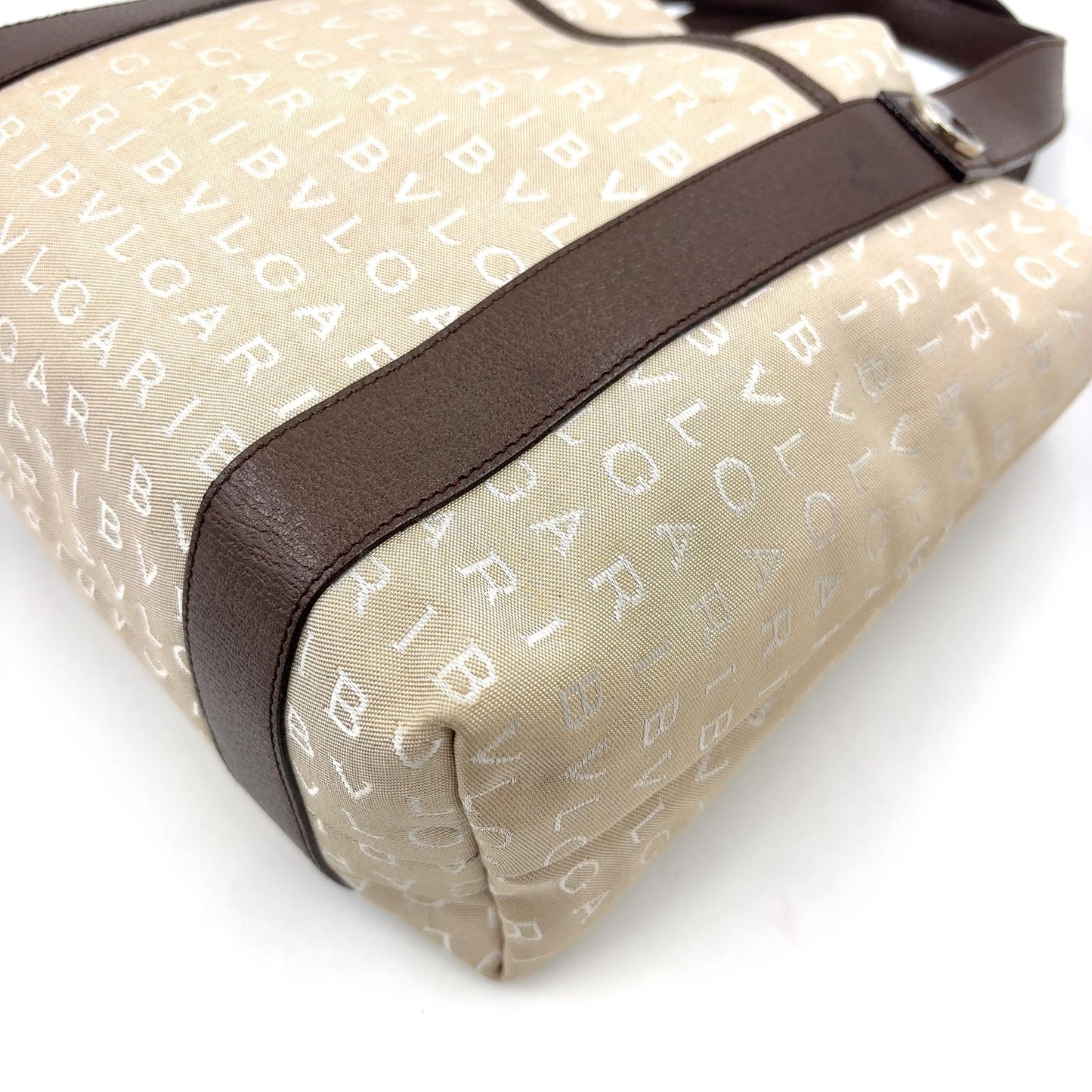 Bvlgari Logo Mania Leather Canvas Brown Beige Tote Silver — view 7