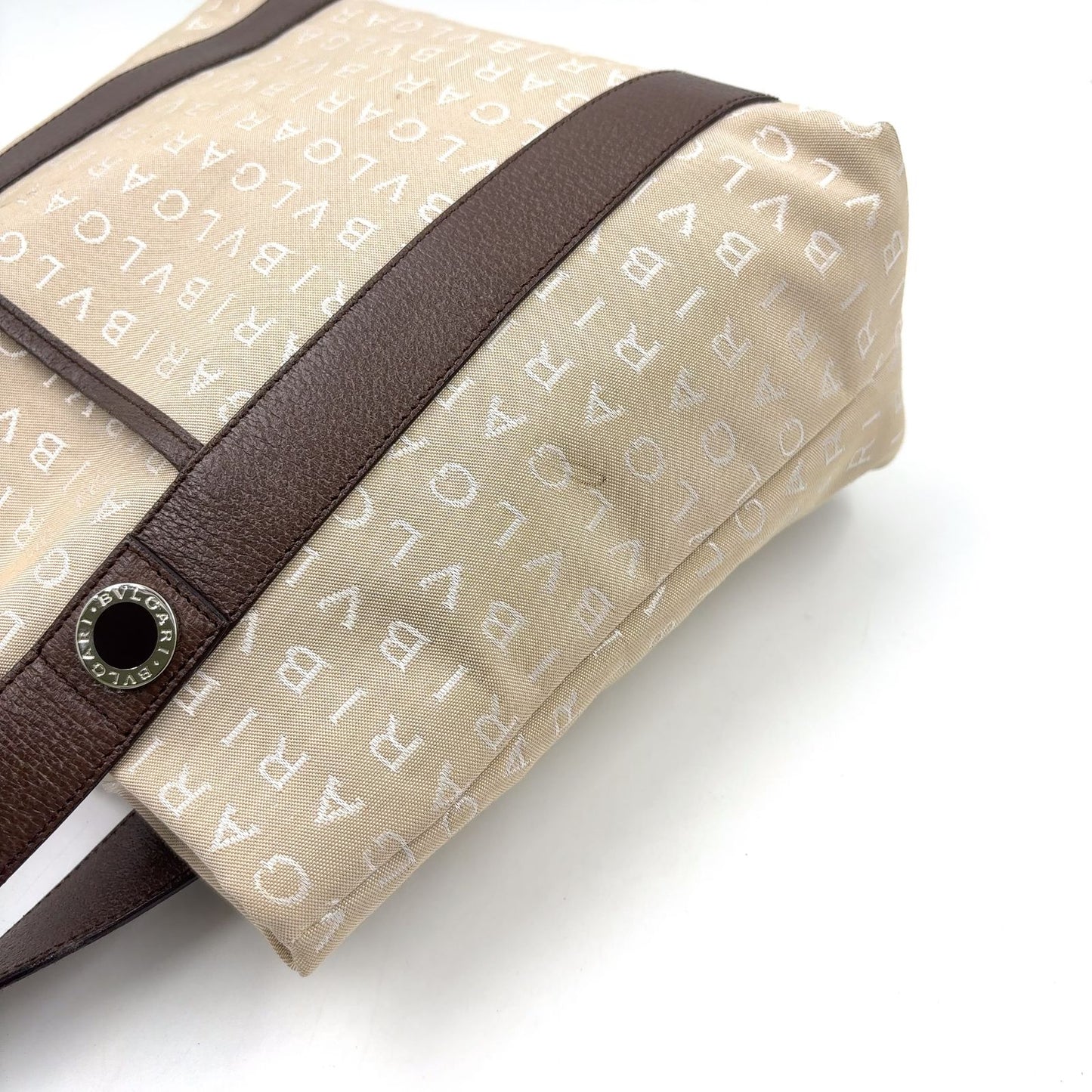 Bvlgari Logo Mania Leather Canvas Brown Beige Tote Silver — view 6