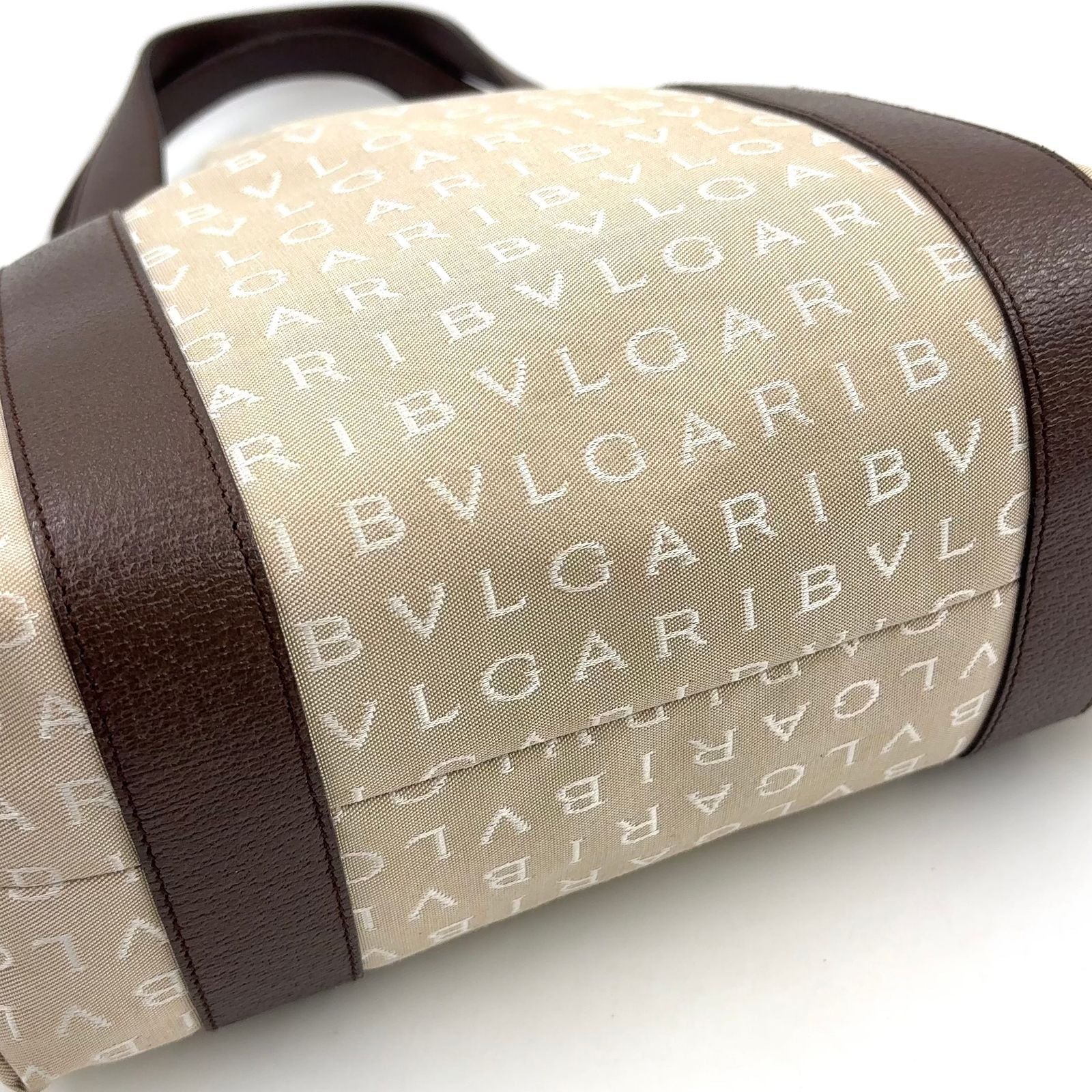 Bvlgari Logo Mania Leather Canvas Brown Beige Tote Silver — view 9