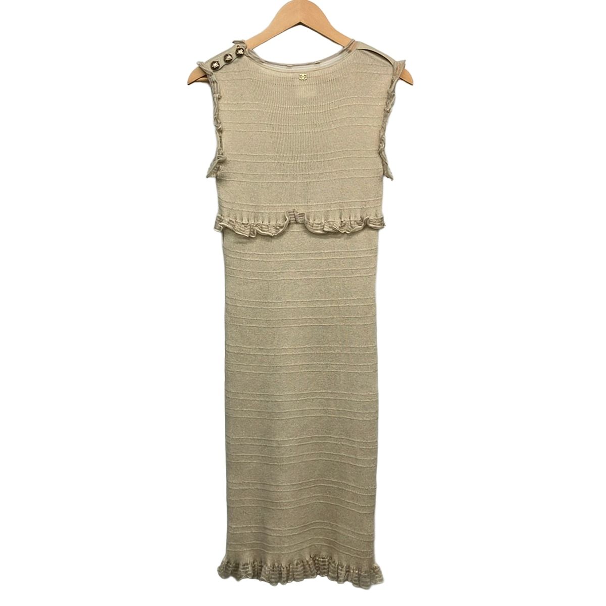 Chanel Dress 38 M Beige Sleeveless Long Knit Cashmere Blend Ruffles Lame CC Logo — view 2