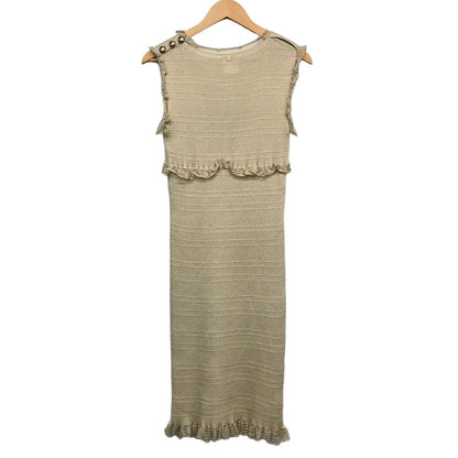 Chanel Dress 38 M Beige Sleeveless Long Knit Cashmere Blend Ruffles Lame CC Logo — view 2