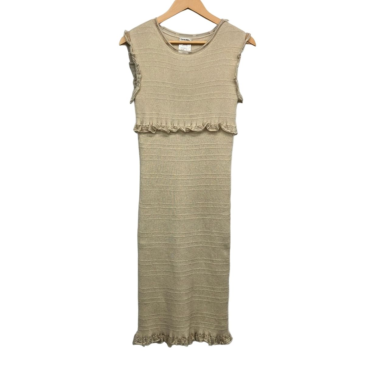Chanel Dress 38 M Beige Sleeveless Long Knit Cashmere Blend Ruffles Lame CC Logo