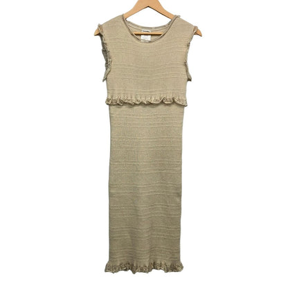 Chanel Dress 38 M Beige Sleeveless Long Knit Cashmere Blend Ruffles Lame CC Logo