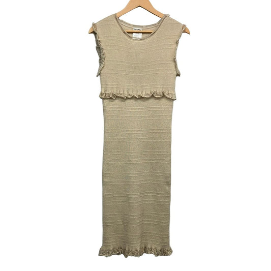 Chanel Dress 38 M Beige Sleeveless Long Knit Cashmere Blend Ruffles Lame CC Logo