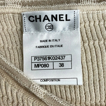 Chanel Dress 38 M Beige Sleeveless Long Knit Cashmere Blend Ruffles Lame CC Logo — view 3