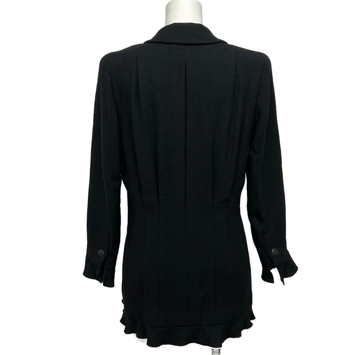 Chanel Jacket 38 M Black Long Sleeve Long Length Shoulder Pad Zip Up Ruffle — view 2