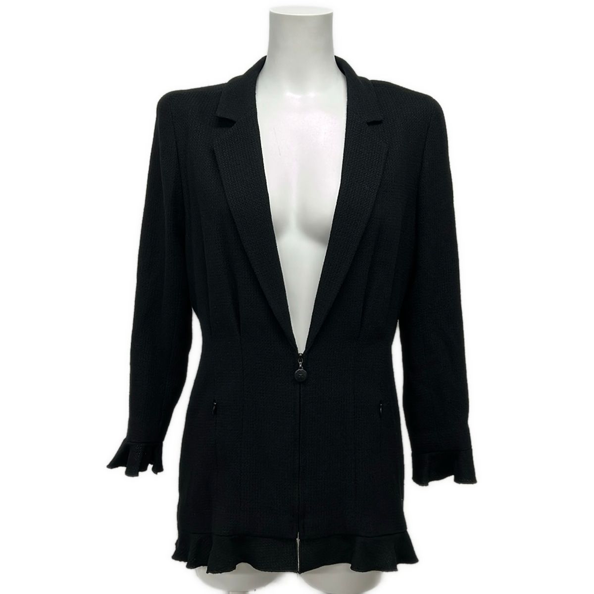 Chanel Jacket 38 M Black Long Sleeve Long Length Shoulder Pad Zip Up Ruffle
