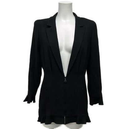 Chanel Jacket 38 M Black Long Sleeve Long Length Shoulder Pad Zip Up Ruffle