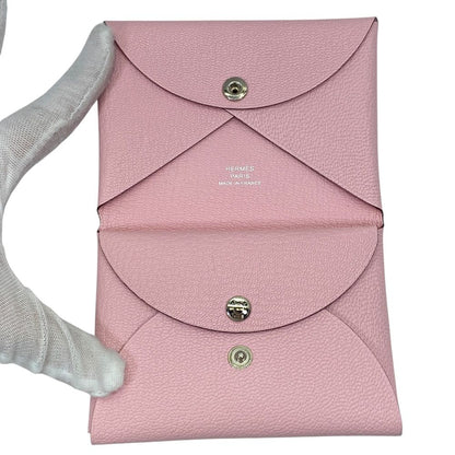 Hermes Calvi Duo Card Case Coin Purse Leather Pink Silver Mini Wallet Compact — view 6