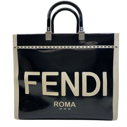 Fendi Sunshine Tote Shopping Patent Leather Black White Practical