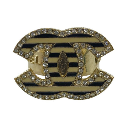Chanel CC Logo Ring Rhinestone Border Gold Black White Gorgeous