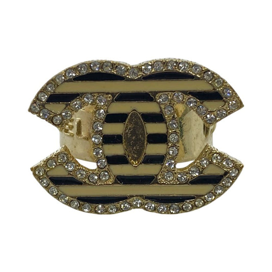 Chanel CC Logo Ring Rhinestone Border Gold Black White Gorgeous