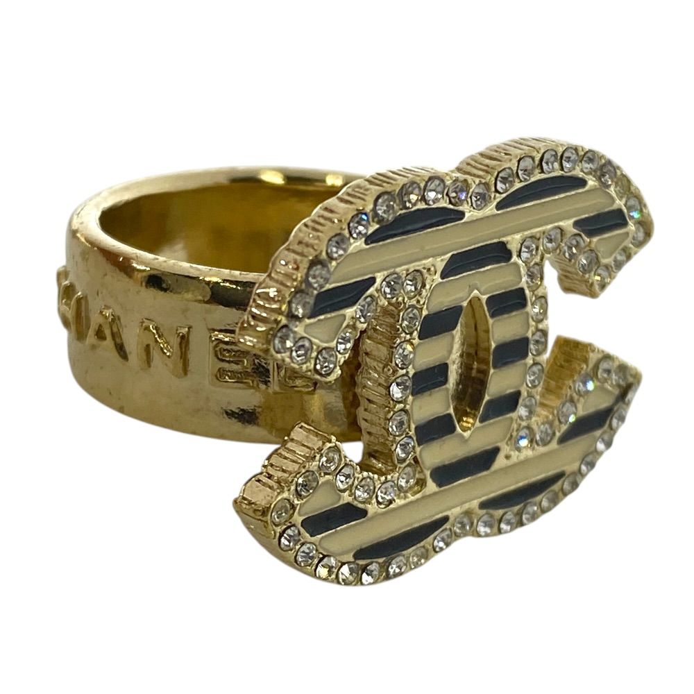 Chanel CC Logo Ring Rhinestone Border Gold Black White Gorgeous — view 6