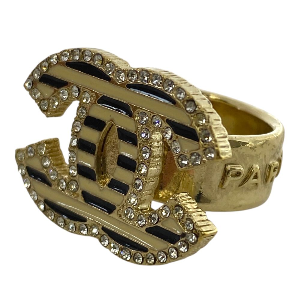 Chanel CC Logo Ring Rhinestone Border Gold Black White Gorgeous — view 5