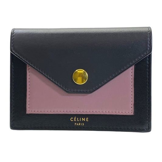 Celine Trifolded Card Case Holder Business Leather Black Pink Practical