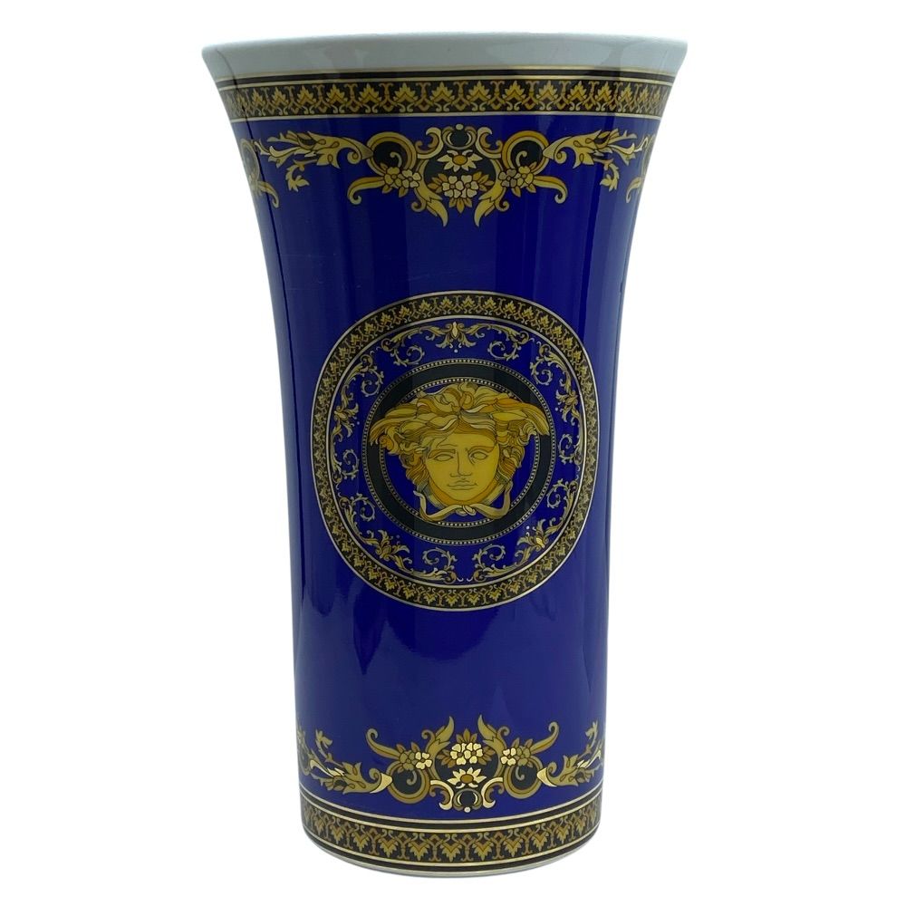 Versace Rosenthal Flower Base Vase Medusa Porcelain Cobalt Blue Gold Interior