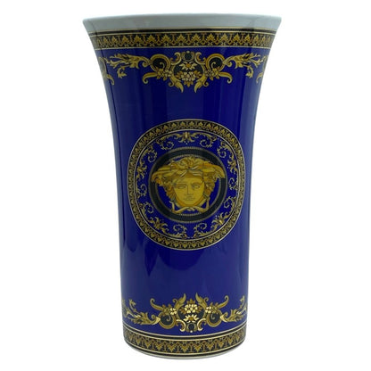 Versace Rosenthal Flower Base Vase Medusa Porcelain Cobalt Blue Gold Interior