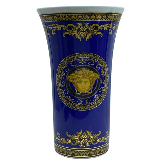 Versace Rosenthal Flower Base Vase Medusa Porcelain Cobalt Blue Gold Interior