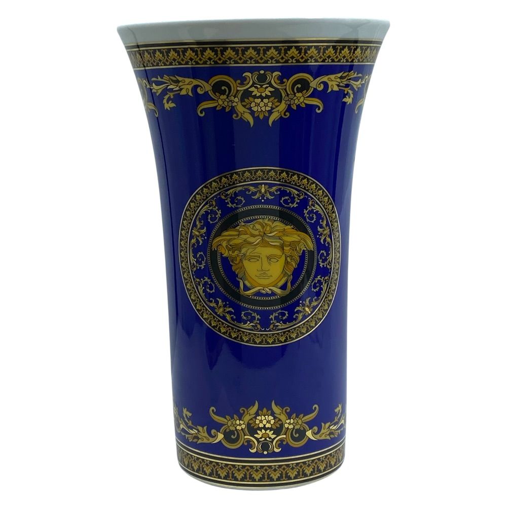 Versace Rosenthal Flower Base Vase Medusa Porcelain Cobalt Blue Gold Interior — view 3