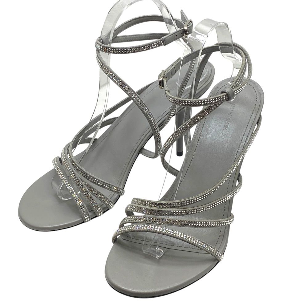 Balenciaga Glow Sling Back Sandals Round Toe Gray Rhinestone Leather