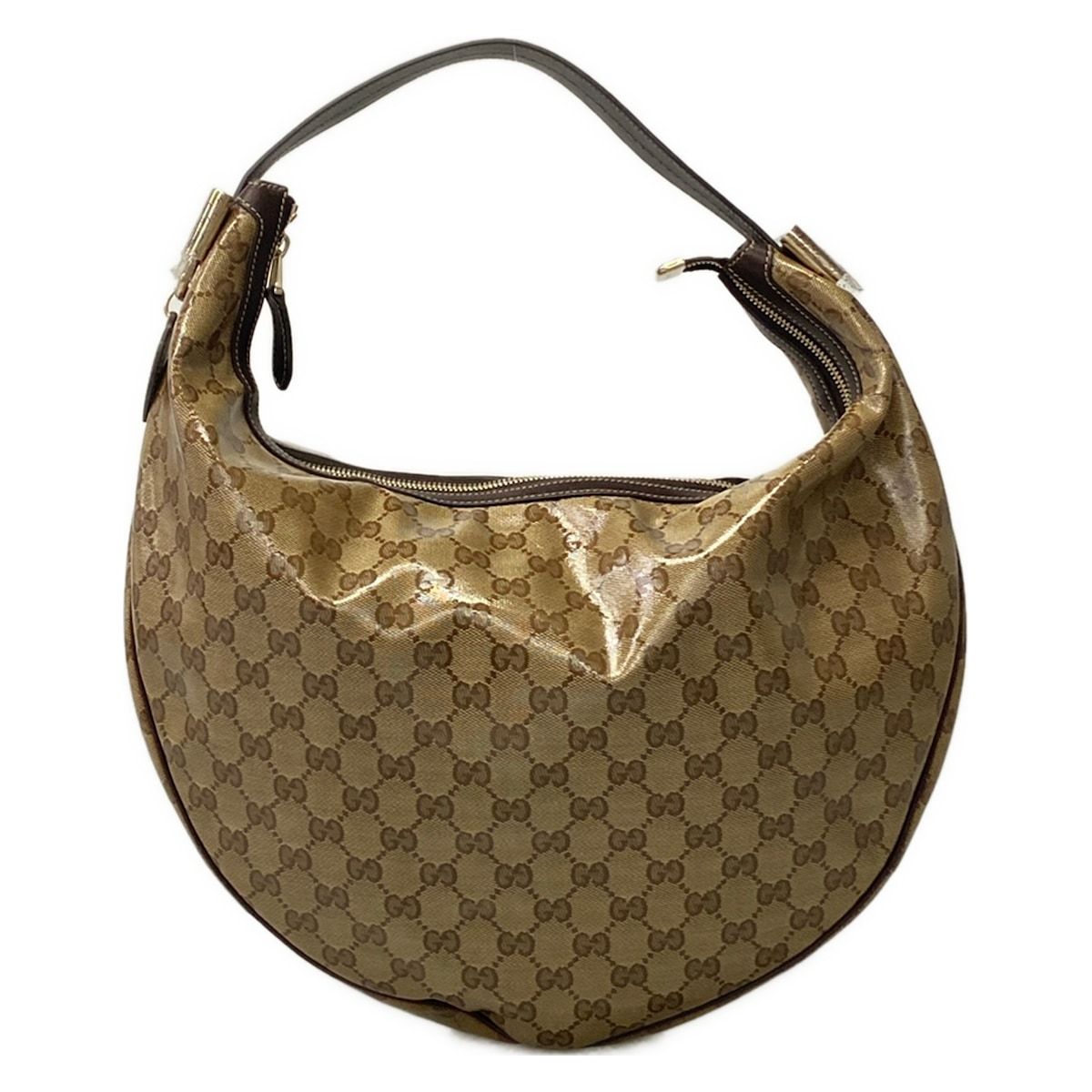 Gucci Shoulder Bag Crystal GG Dark Brown Beige Leather
