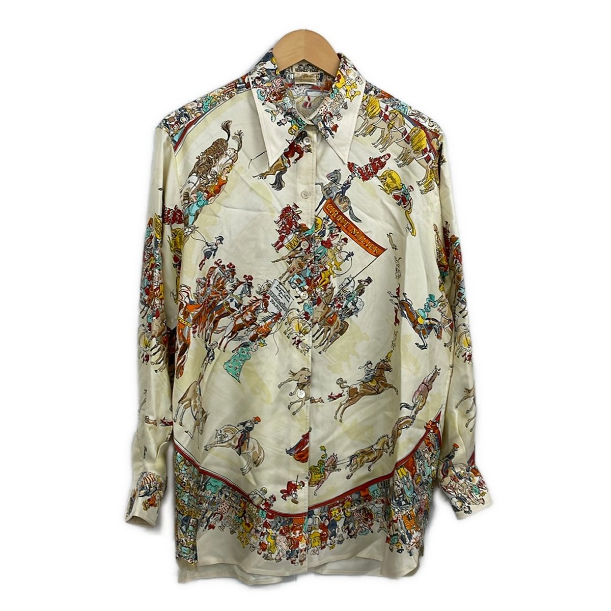 Hermes Long Sleeve Shirt Blouse 42 L Ivory Multi Cirque Molier Sacas 42