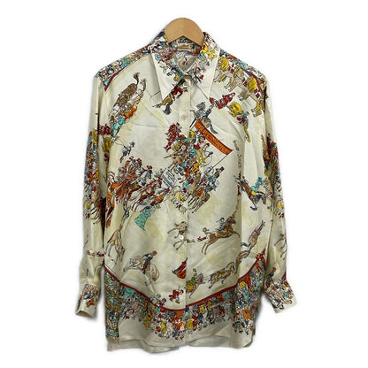 Hermes Long Sleeve Shirt Blouse 42 L Ivory Multi Cirque Molier Sacas 42