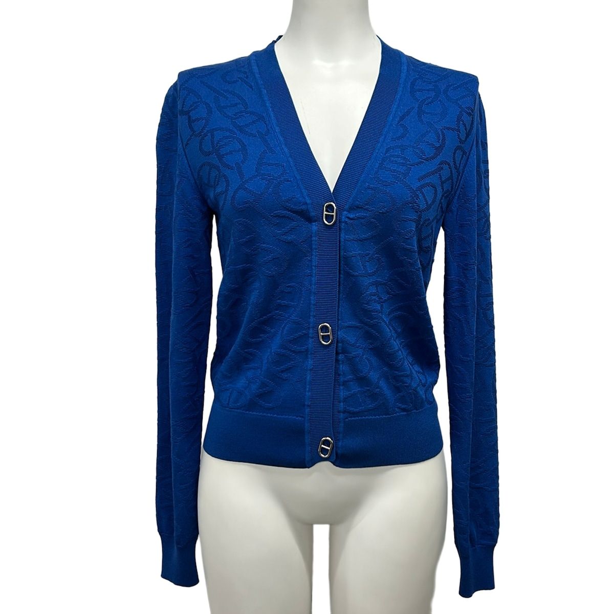Hermes Cardigan 34 S Naoussa Blue Long Sleeve Chaine D'ancre Motif Cotton Silk