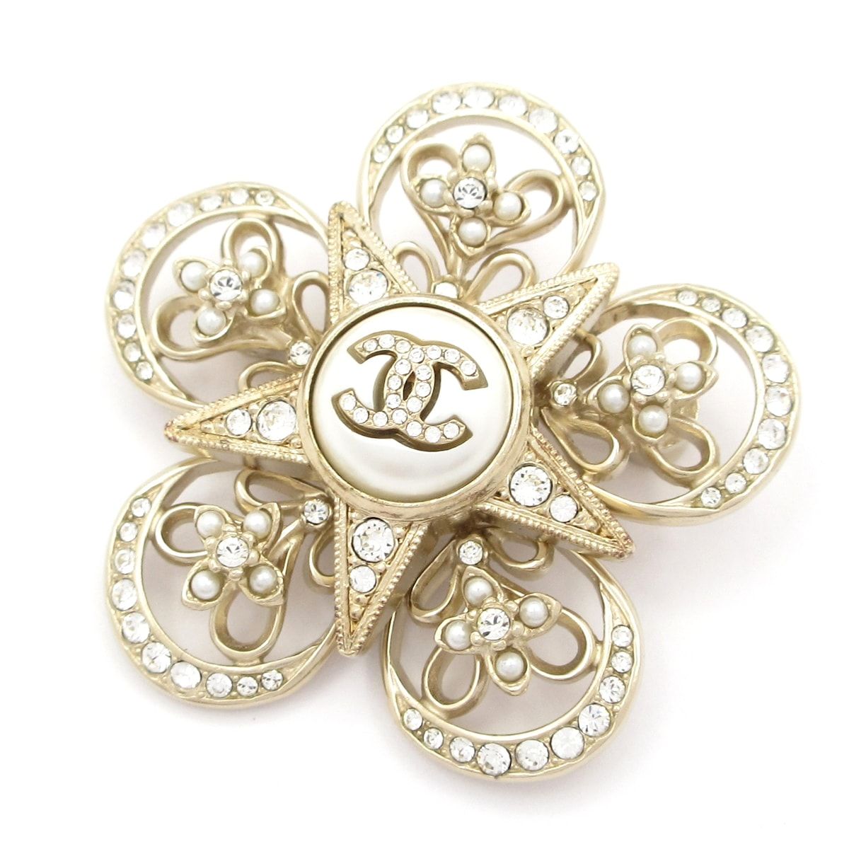 Chanel Brooch Champagne Gold White Pearl Rhinestone Star