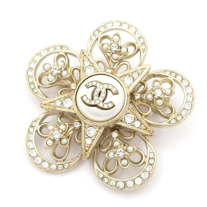 Chanel Brooch Champagne Gold White Pearl Rhinestone Star