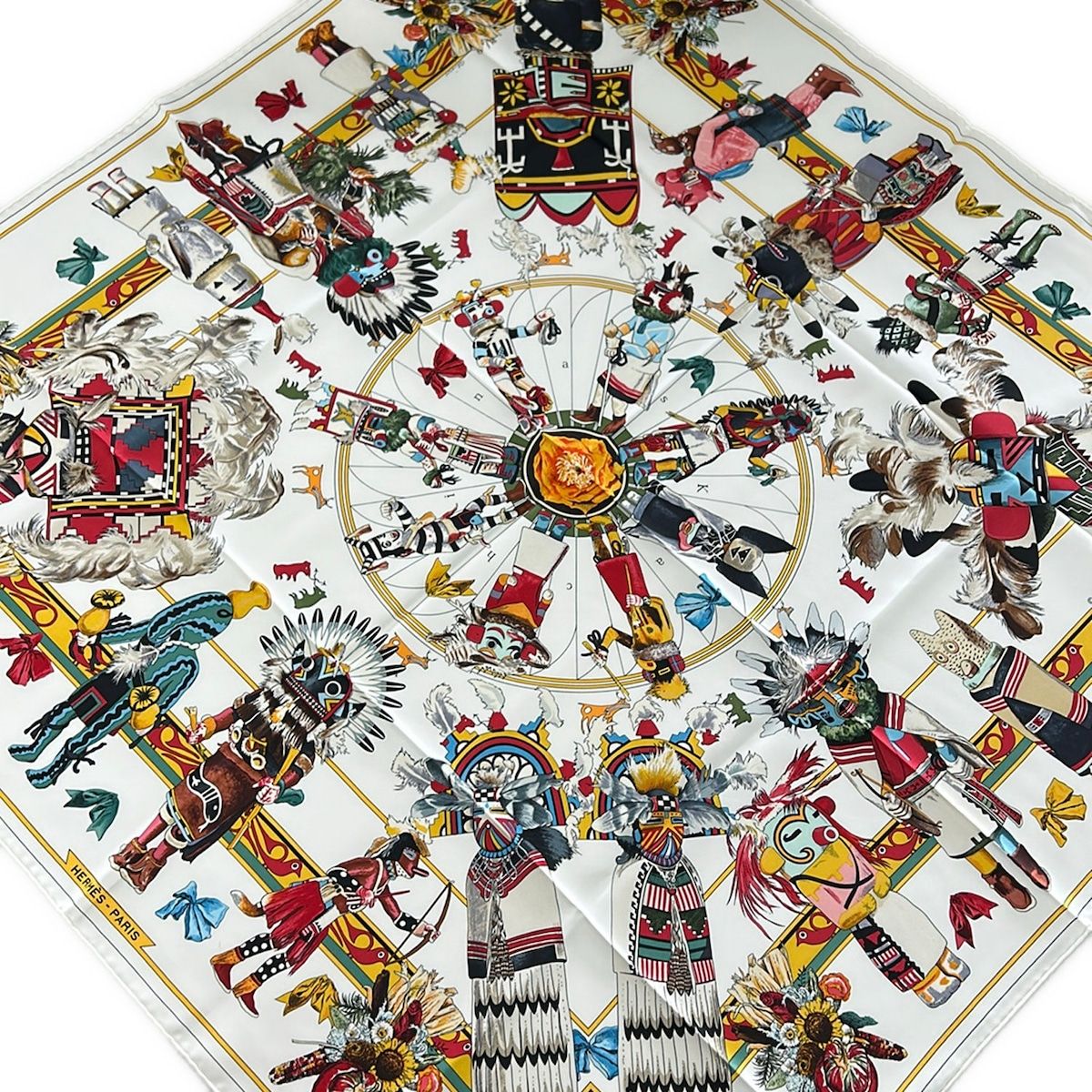 Hermes Scarf Carre 90 White Multi Kachinas