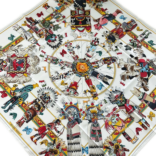 Hermes Scarf Carre 90 White Multi Kachinas