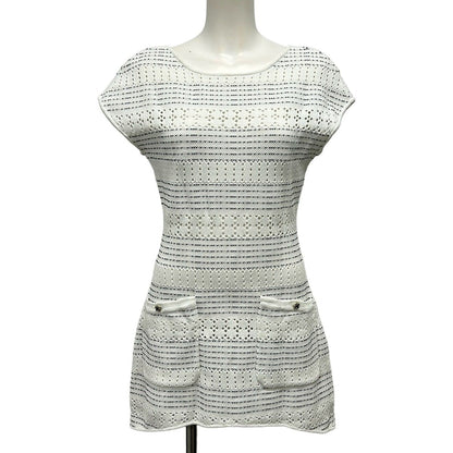 Chanel Dress 34 S White Black Short Sleeve Mini Border Cotton